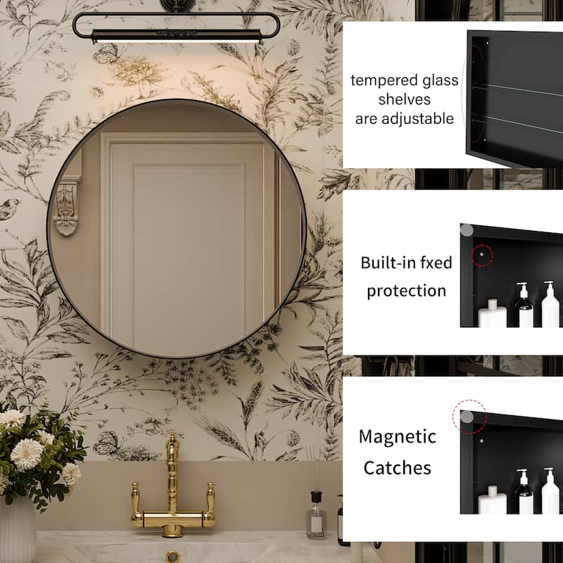 23.6 Inch Surface Mount Round Medicine Cabinet with Mirror and Adjustable Shelves Black Wall Mirror with Storage for Bathroom