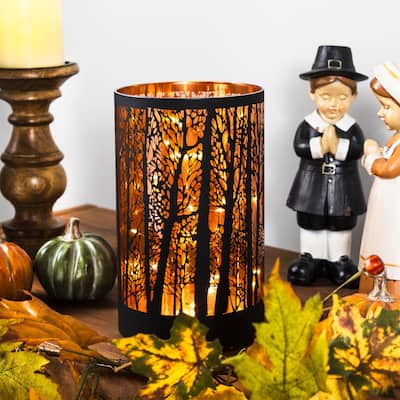 LED Lighted Forest Trees Glass Hurricane Fall Harvest Candle Decoration - 7.75"