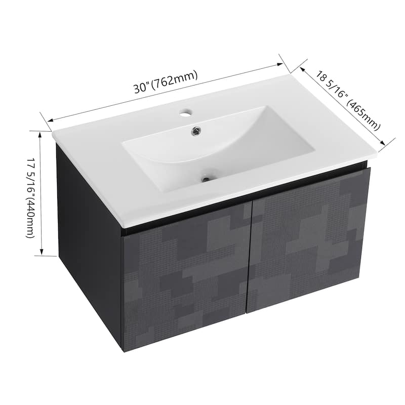 Modern 30'' Wall-Mounted Vanity with Ceramic Sink & Triple Soft-Close Cabinet Doors
