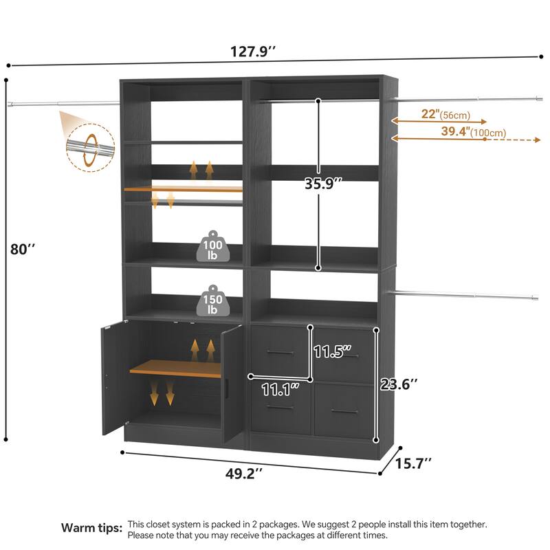 Rackcog Set of 2 Closet Organizer with 2 Doors, Closet System with Drawers for Walk-in Closet