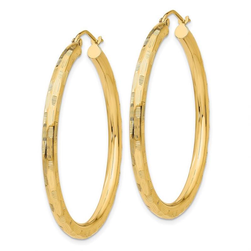 Curata 14k Yellow Gold Textured Checkerboard 40x3mm Hoop Earrings