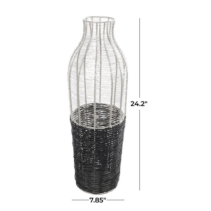 Silver Metal Tall Vase with Woven Black Rattan Base