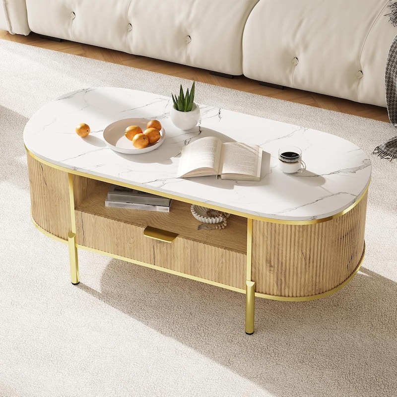 48in Modern Luxury Oval Coffee Table with Drawer for Living Room - N/A
