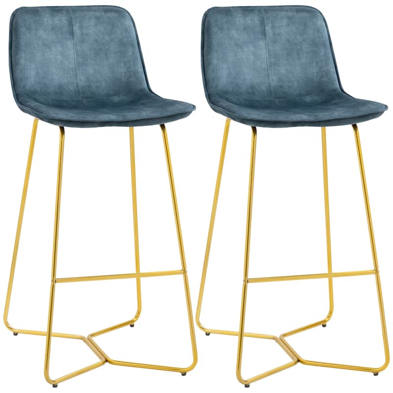 HOMCOM Tall Bar Stools, Set of 2, Velvet-Touch Fabric Bar Chairs, Bar Stools with Gold-Tone Metal Legs for Dining Area