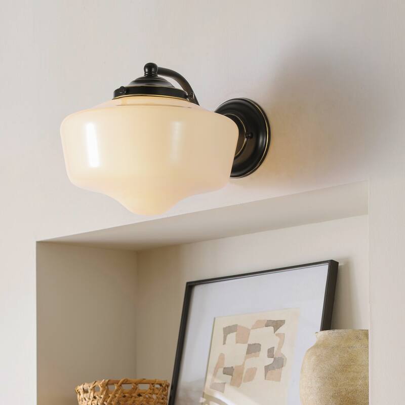 9.8 in. 1-Light Matte Black/Gold Dimmable Wall Sconce With White SchoolHouse Glass - Black/White