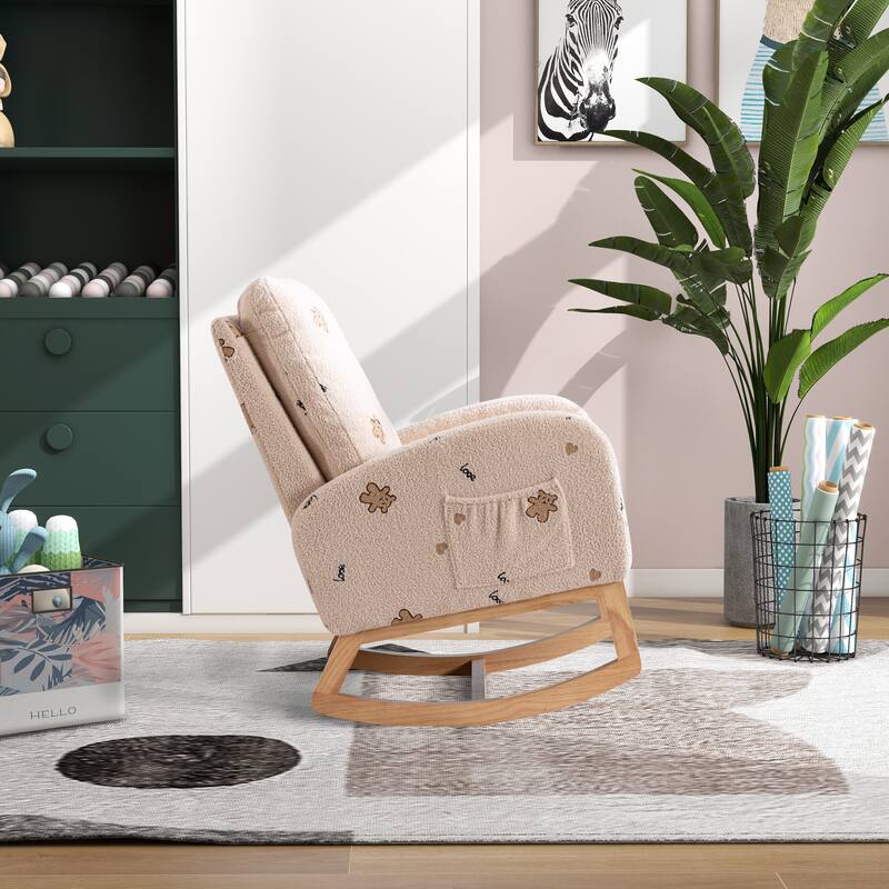 Boucle Rocking Chair with High Back, Side Pocket & Solid Wood Frame