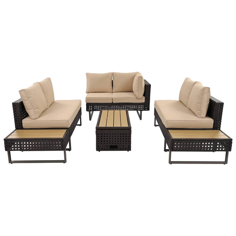 Diamond Weave Patio Sectional Sofa L-shape Conversation Sets with Extendable Coffee Table, Ice Bucket, Collapsible Seat, 6-Pers