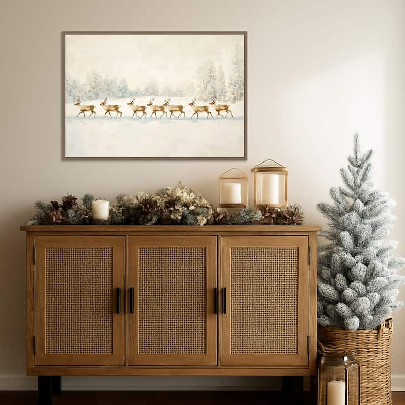Winter Wonderland: Reindeer Procession by Melloi Art Prints Framed Canvas Wall Art Print - Sylvie Dark Gold
