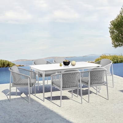 Rhodes Outdoor Patio 7 Piece Dining Set in Aluminum with Sintered Stone and Gray Cushions