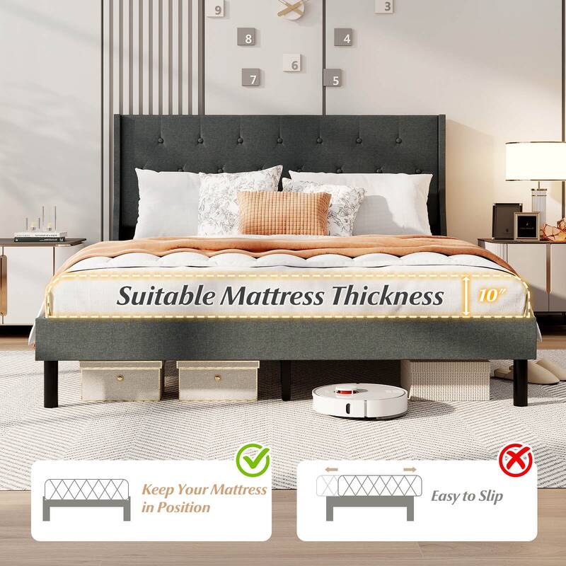 Costway Queen Size Bed Frame Linen Upholstered Mattress Foundation