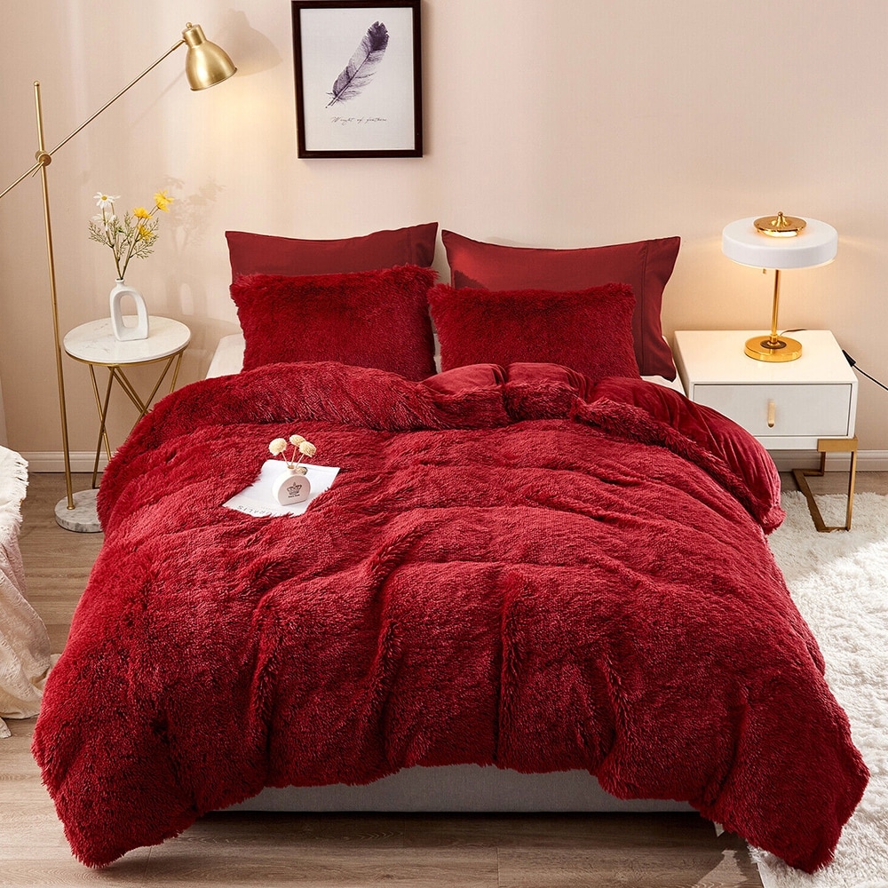 Fluffy Shaggy Comforter Set with 2 Pillowcases Queen Solid Red - 75 x 83