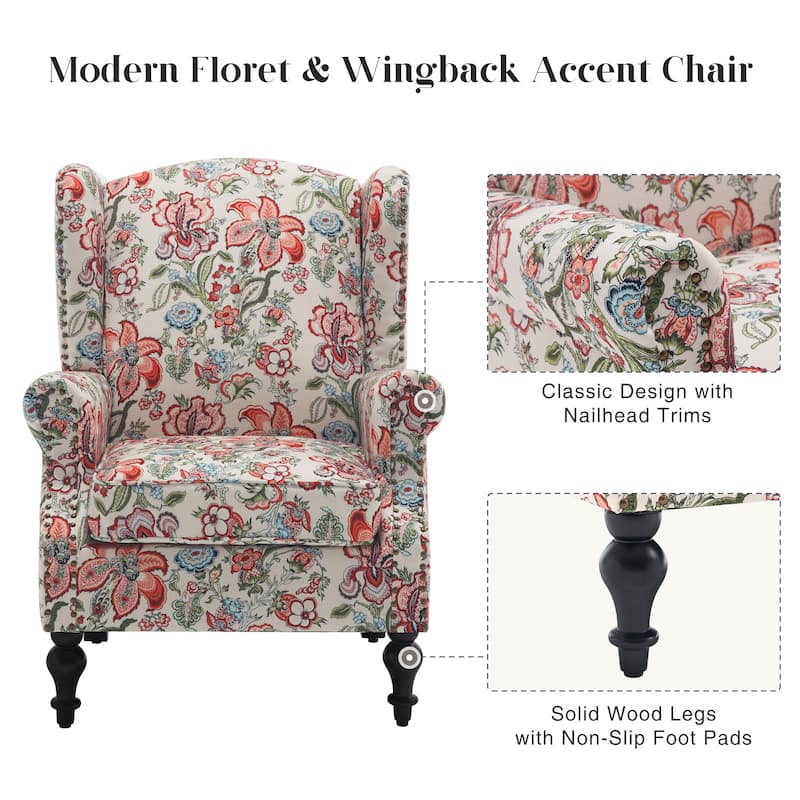 HOMYKA 29'' Wide Floral Pattern Wingback Accent Armchair with Nailhead Trim
