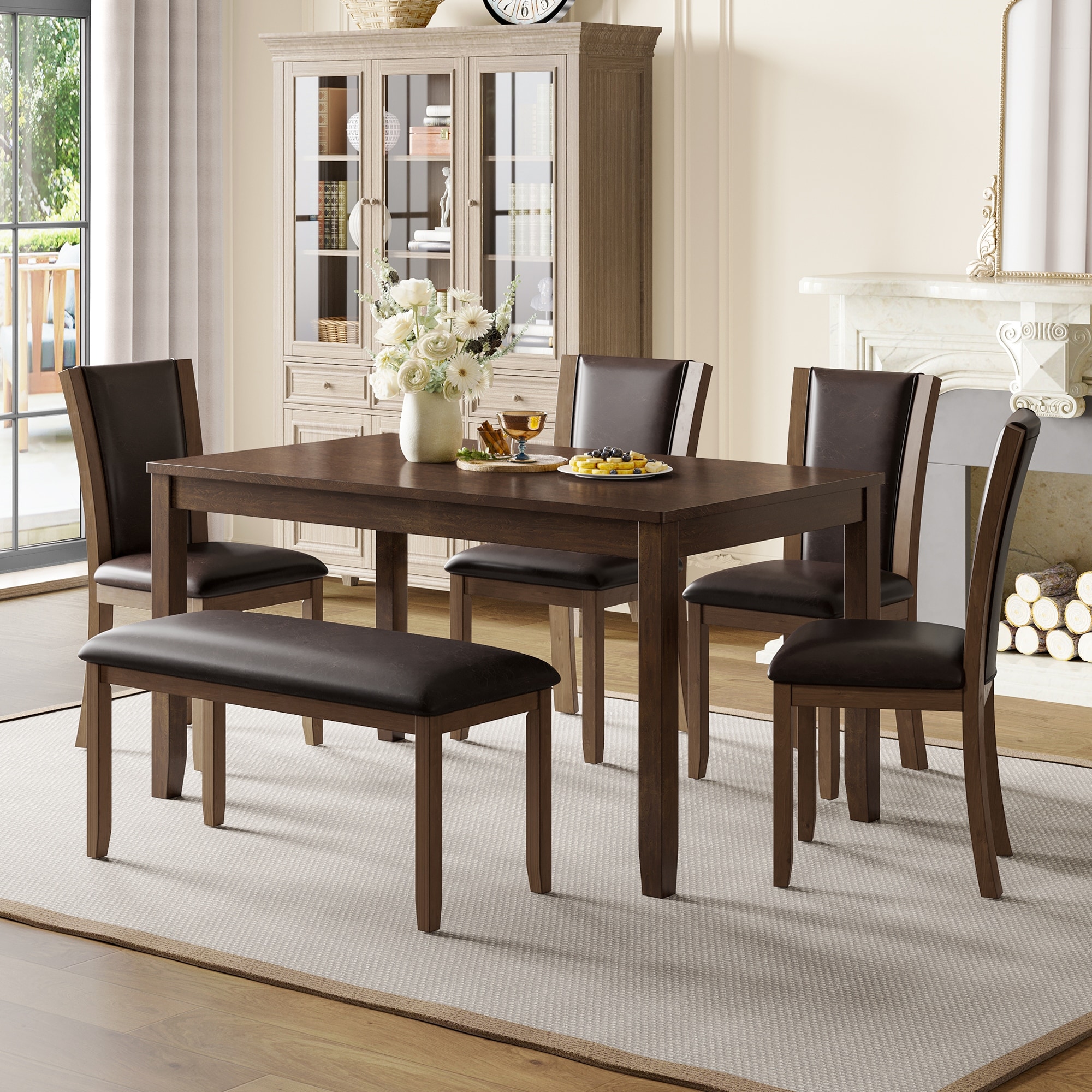 6-Piece Dining Table Set with Bench and Waterproof Curved Backrest Chairs, Wooden Kitchen Table Set for 6 People