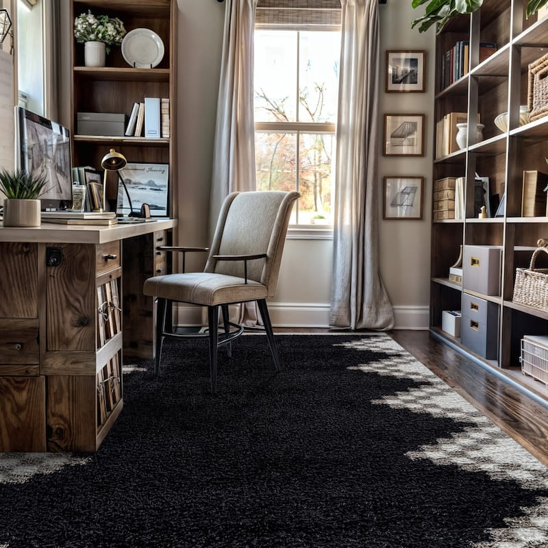 Geometric Shag Rug - Soft & Stylish - Anthracite Dark Gray - Medium Pile, Easy to Clean