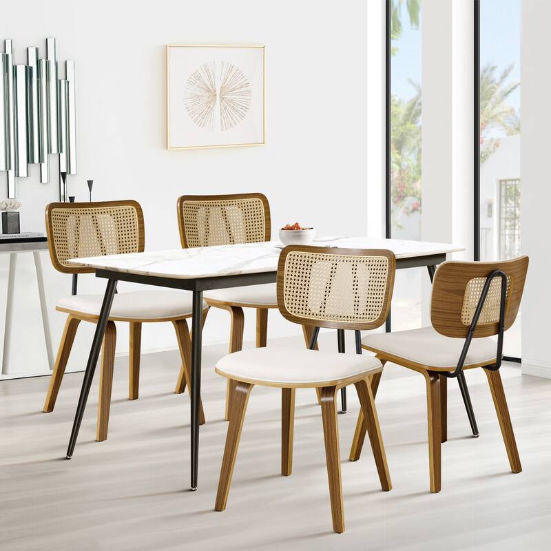 Faux Leather Upholstered Dining Chairs Set of 2/4 with Wood Legs - 32.3"H x 18.5"W x 21.8"D - Set of 4 - Cream White-Rattan back