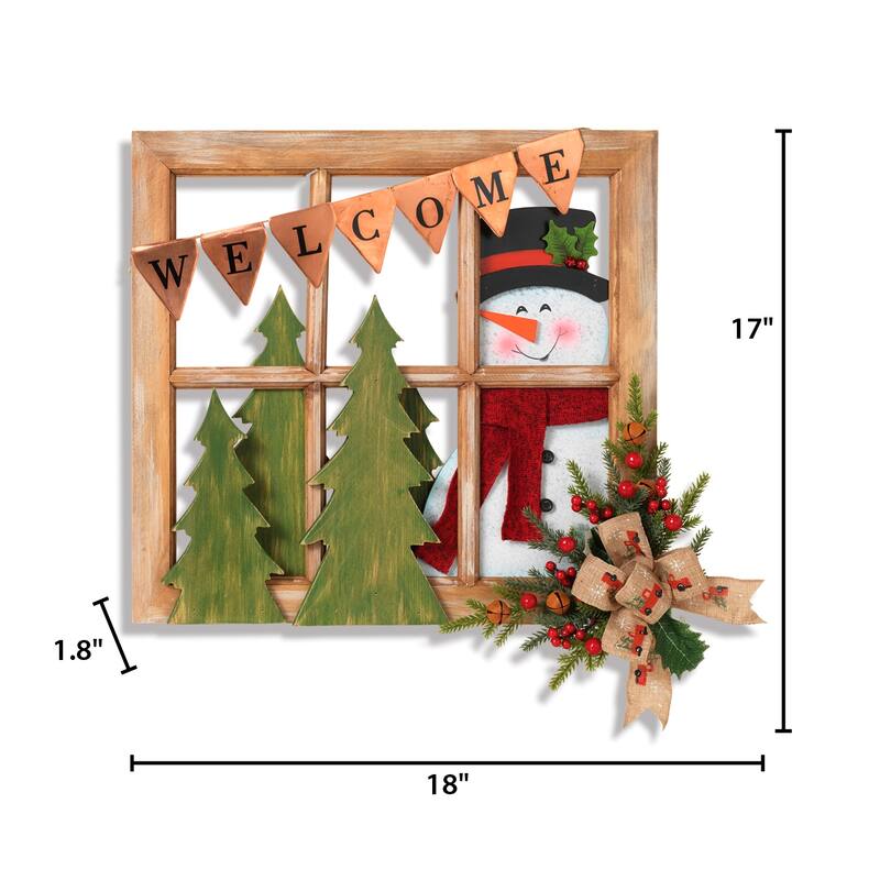 18 in Wood and Metal Window with Snowman and Floral Accent - N/A