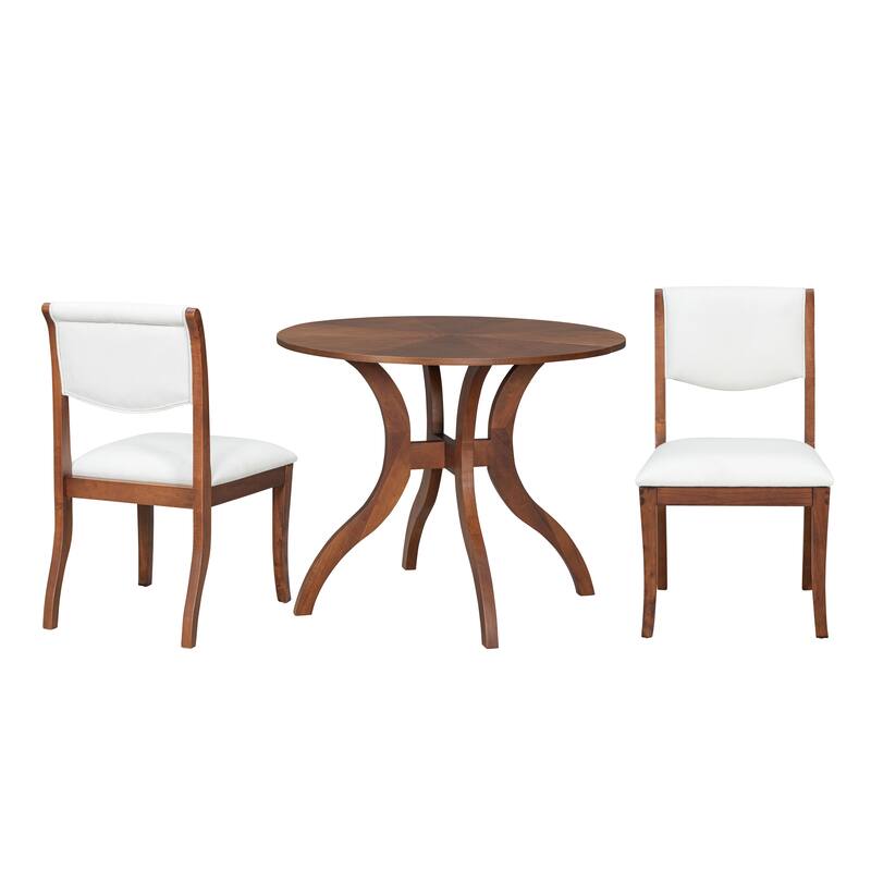 39.4"Round Walnut Dining Table Set With 2 Matching Chairs - Traditional Solid Wood Kitchen Ensemble