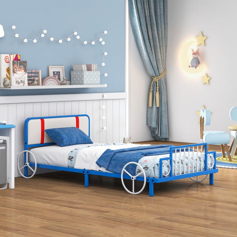 Twin Platform Bed for Kids with Metal Car-Shaped Frame