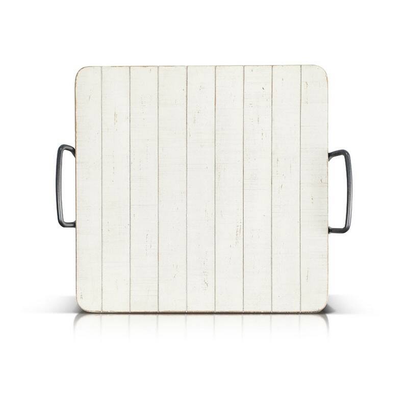 Rena Ottoman Tray, Metal Handles, 17 Inch Distressed White Mahogany