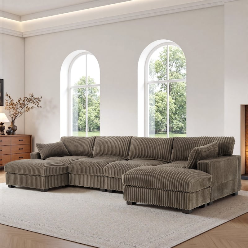 Oversied Plush Corduroy Fabric Modular Sectional Sofa with Chaise, Ottoman - Left Facing - Light Brown-5 Pieces