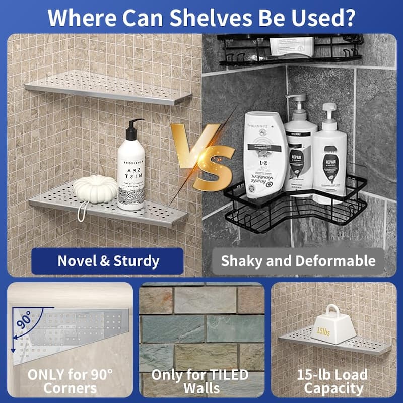 12 Inch Finish 304 Stainless Steel with Grid Design Bathroom Shelf Racks
