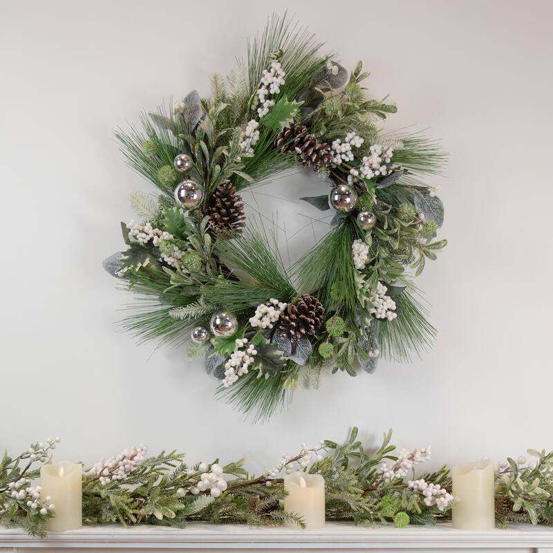 Artificial Christmas Wreath with Assorted Foliage Berries, 24", Unlit
