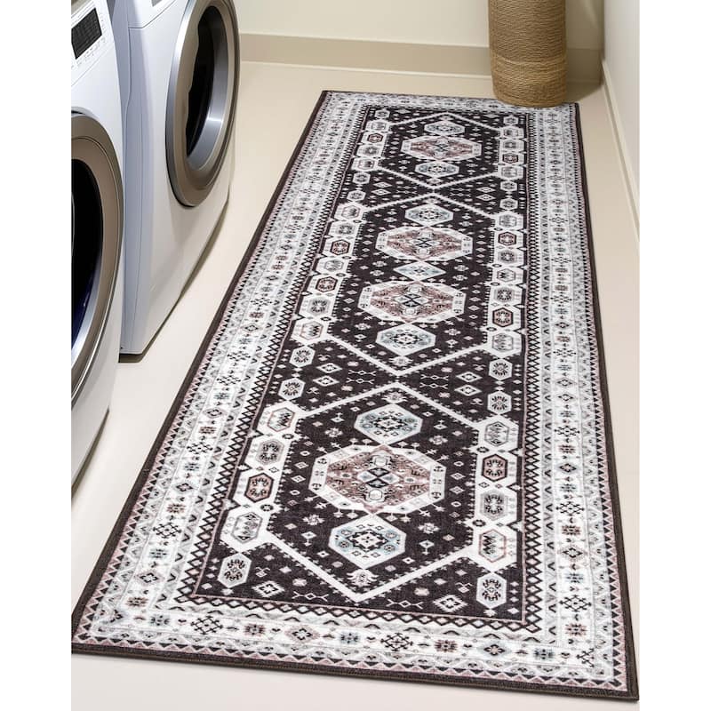 Well Woven Kings Court Kama Tribal Medallion Washable Low Pile Rug - 2' x 7' Runner - Black