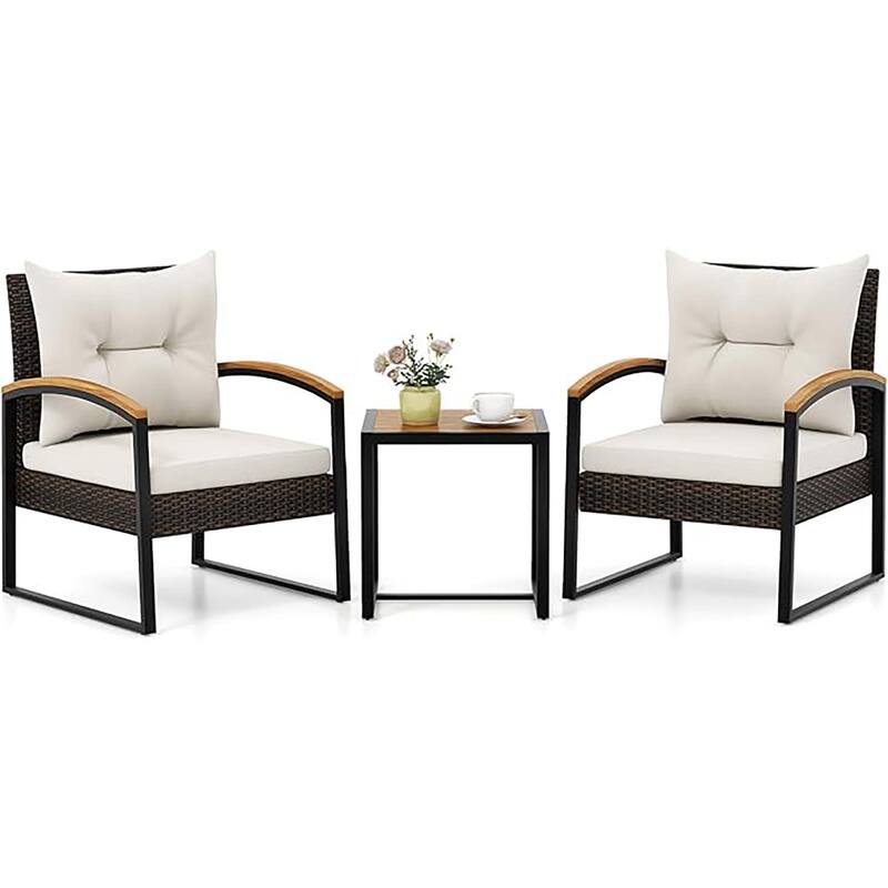 3 PCS Patio Conversation Set w/ Coffee Table Acacia Wood Tabletop - Mix Brown+Off White