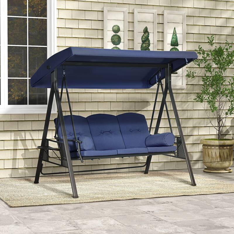 Outsunny 3-Seat Patio Swing Chair, Outdoor Porch Swing Glider with Adjustable Canopy, Removable Cushion, Pillows and Side Trays