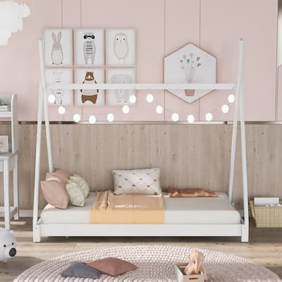 Twin Size House Platform Bed with Triangle Structure and Safety Railings