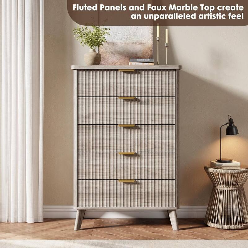 Modern Fluted 5 Drawers Dresser for Living Room, Bedroom