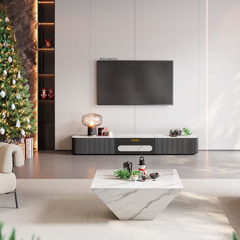 Modern TV Stand for Projector, Sintered Stone TV Cabinet with Drawers for Home Theater, Oak Veneer MDF, Black & White