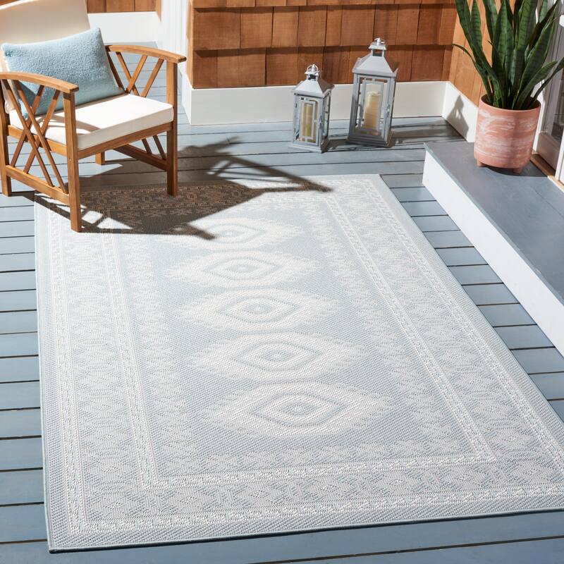 Martha Stewart by SAFAVIEH Washable Finnbjorg Indoor/ Outdoor Waterproof Rug - 6'7" x 8'7" - Aqua/Blue Ivory