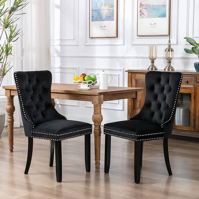 Set of 2 Velvet Dining Chairs – Tufted Upholstered Armless Accent Chairs with Nailhead Trim & Back Ring Pull - Black