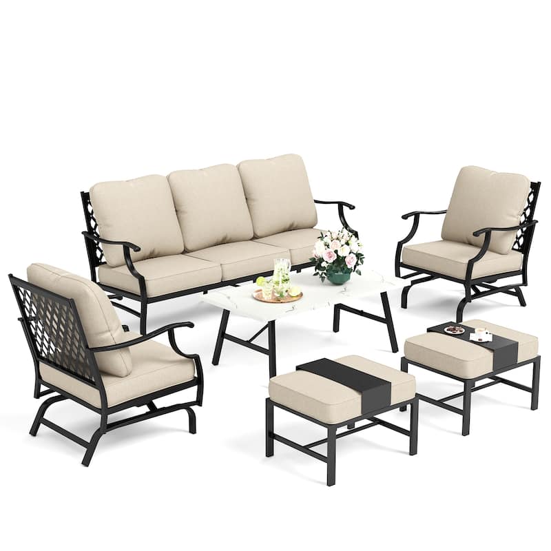 MAISON ARTS Patio Conversation Sets 5/7/9-Seat, Sofa Set with 2 Single Sofa Chairs, 3-Seater Sofa, Ottoman and Coffee Table - 6-Piece - Set 3-Rocking Chairs with Ottoman