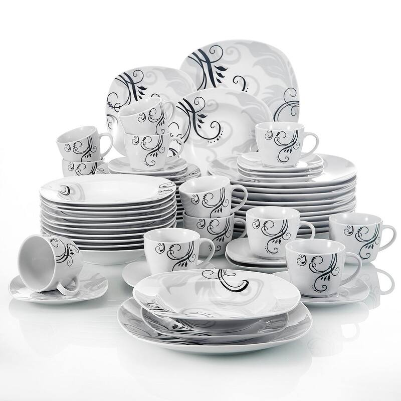 60-Piece Porcelain Tableware Set Decal Patterns, Plate and Bowl Set