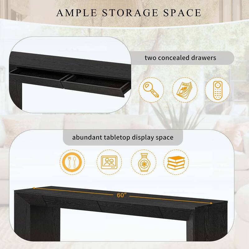 Farmhouse Console Table with 2 Concealed Drawers,Waterfall Edge,Thick Legs