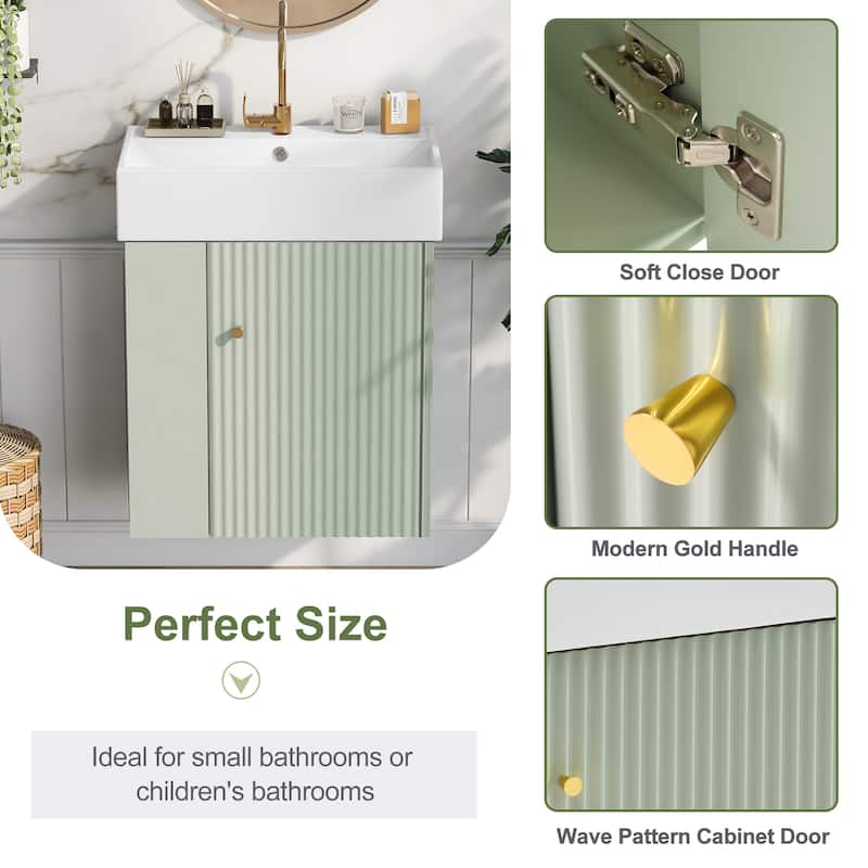 21.6" Wall-Mounted Bathroom Vanity with Ceramic Sink, Soft-Close Door, Left Storage, Modern Design