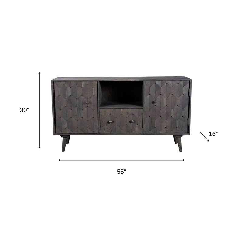 HomeRoots 55" Dark Gray Carved Geometric Distressed Solid Wood Enclosed and Open Storage TV Stand - 55' X '30' X '16