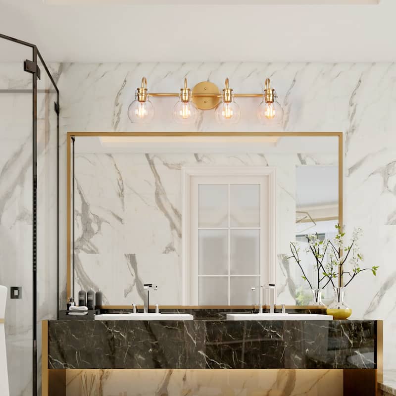 Modern Glam 4-Light Linear Bathroom Vanity Light Gold Metal Wall Sconces with Clear Glass