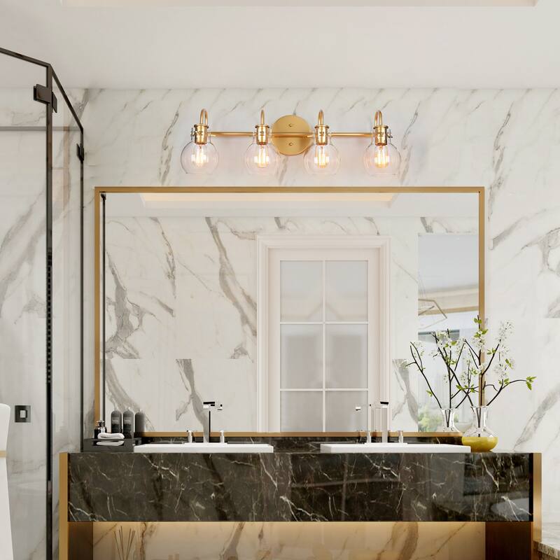 Modern Glam Gold 4-Light Bathroom Vanity Light Globe Wall Sconces with Glass Shade - L 28.3"* W 6.3" * H 8.7"