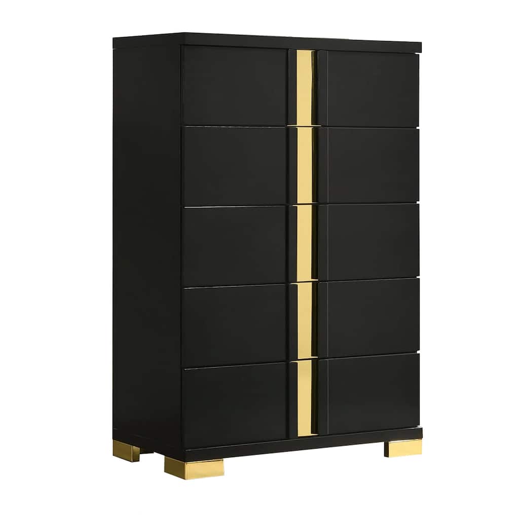 Yoki Tall Dresser Chest, 5 Drawers, Modern Glam Black and Gold
