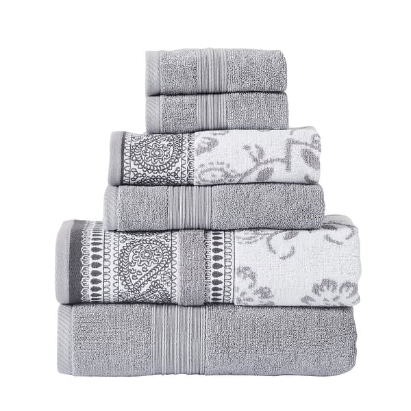 Veria 6 Piece Towel Set with Paisley and Floral Motif Pattern The Urban Port, Gray