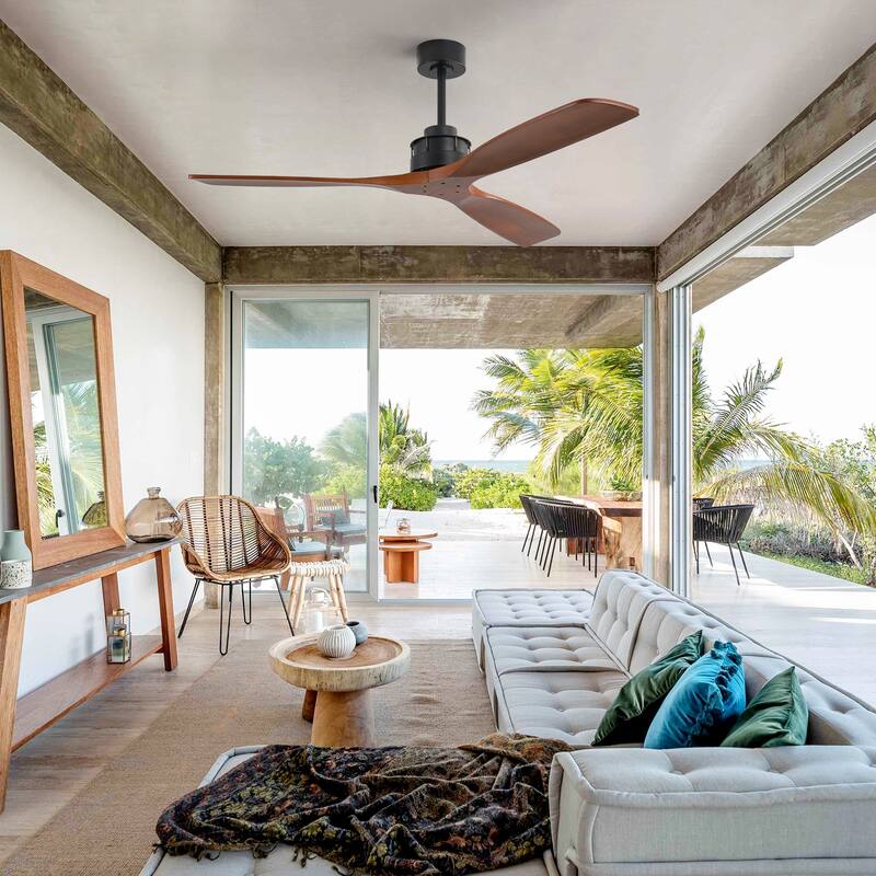 Sofucor 60Inch Ceiling Fan Solid Wood Blades with Light Remote Control,Indoor/Outdoor with Reversible DC Motor for Bedroom Patio