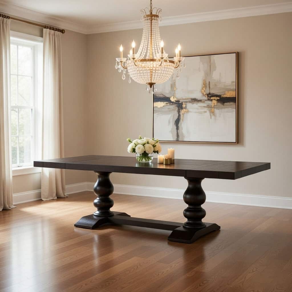 95-123 Inch Dining Table, 2 Extension Leaves, Turned, Antique Black Wood