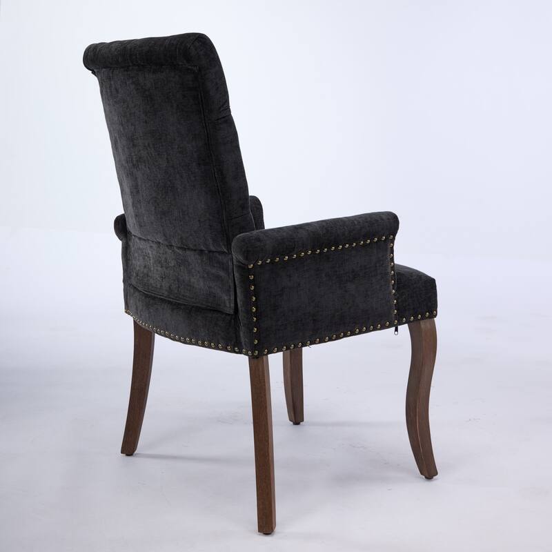 Upholstered Chenille Dining Chairs, Tufted Accent Armchairs with Curved Solid Wood Legs, Dining Room Arm Chair