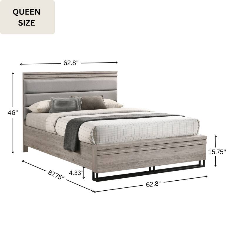 Roundhill Furniture Alvear 3-Piece Upholstered Wood Bedroom Set, Panel Bed and Two Nightstands, Weathered Gray