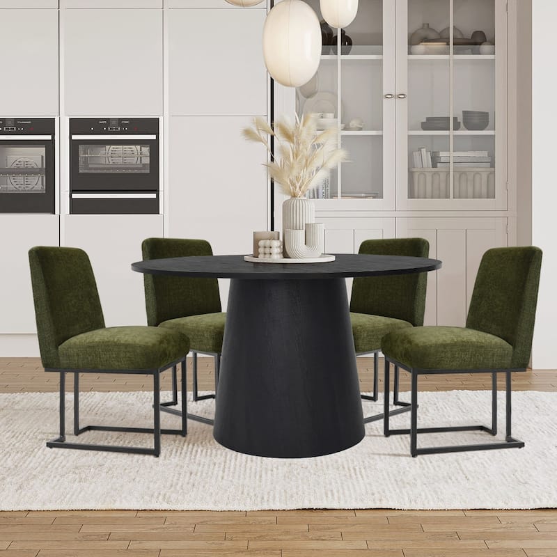 Chenille Upholstered Dining Chair with Black Metal Legs - Set of 4 - Green-4-piece