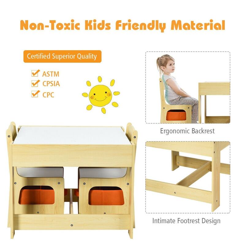 Kids Table and Chairs Set with Storage, Blackboard, and Whiteboard for Creative Drawing and Play