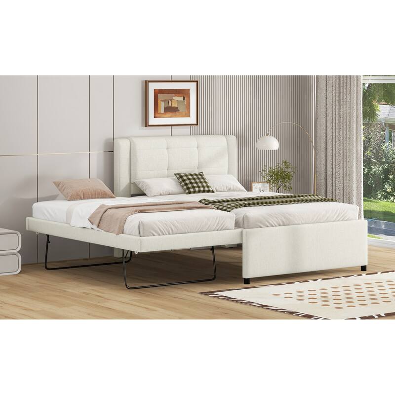 Full Size Upholstered Platform Bed with Adjustable Trundle, Beige